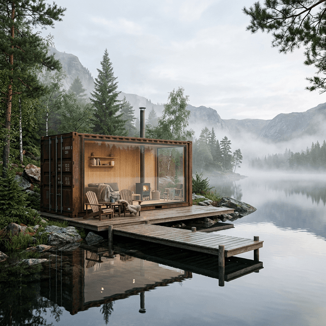 Containerhytte ved innsjø