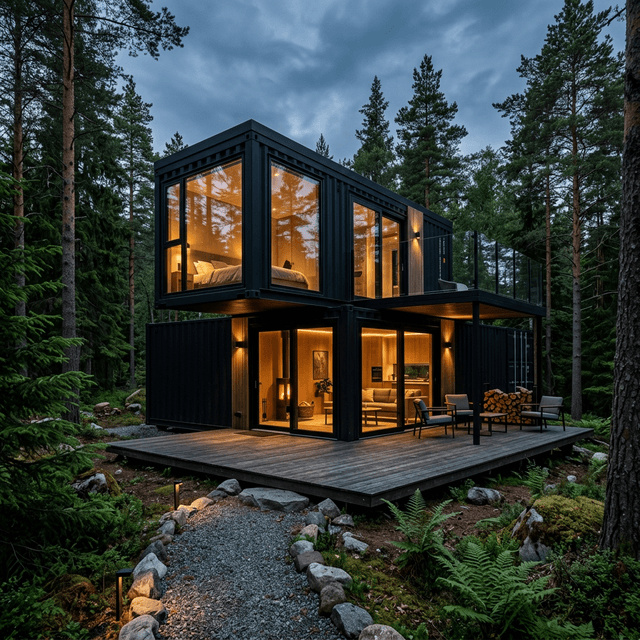 Moderne containerhjem i norsk skog